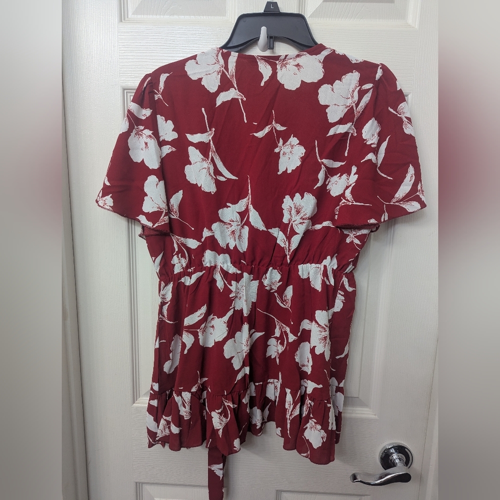 Red Floral Faux Wrap Blouse - Picture 2 of 3